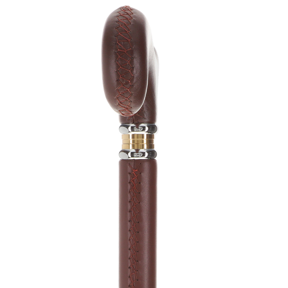 Soft Genuine Leather Grip Brown Cane: Leather on Shaft & Handle