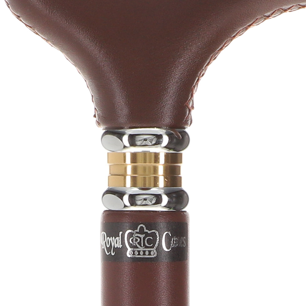 Soft Genuine Leather Grip Brown Cane: Leather on Shaft & Handle