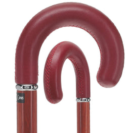 Burgundy Leather Tourist Walking Cane With Padauk Wood Shaft and Silver Collar