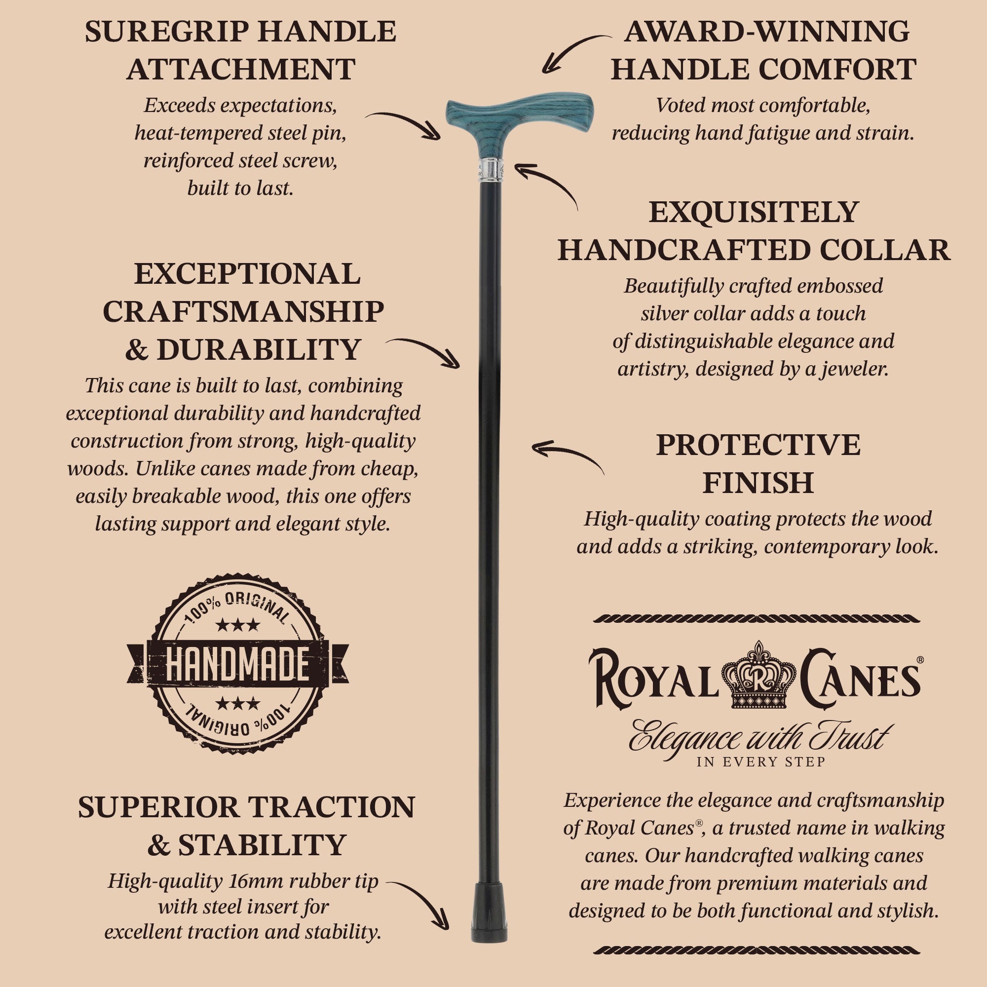 Royal Canes Classic Fritz: Wood-Stained, Pewter Collar (Standard & Slim Profiles)