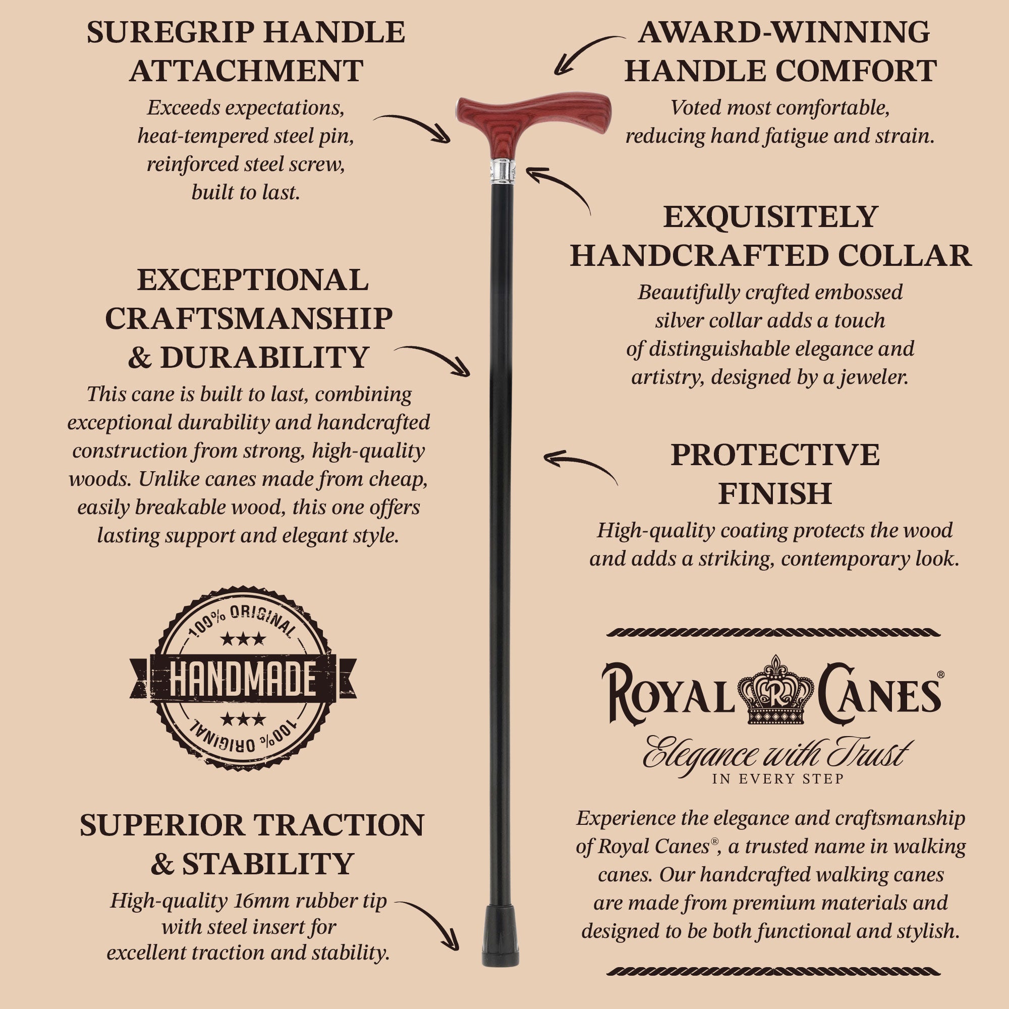 Royal Canes Classic Fritz: Wood-Stained, Pewter Collar (Standard & Slim Profiles)