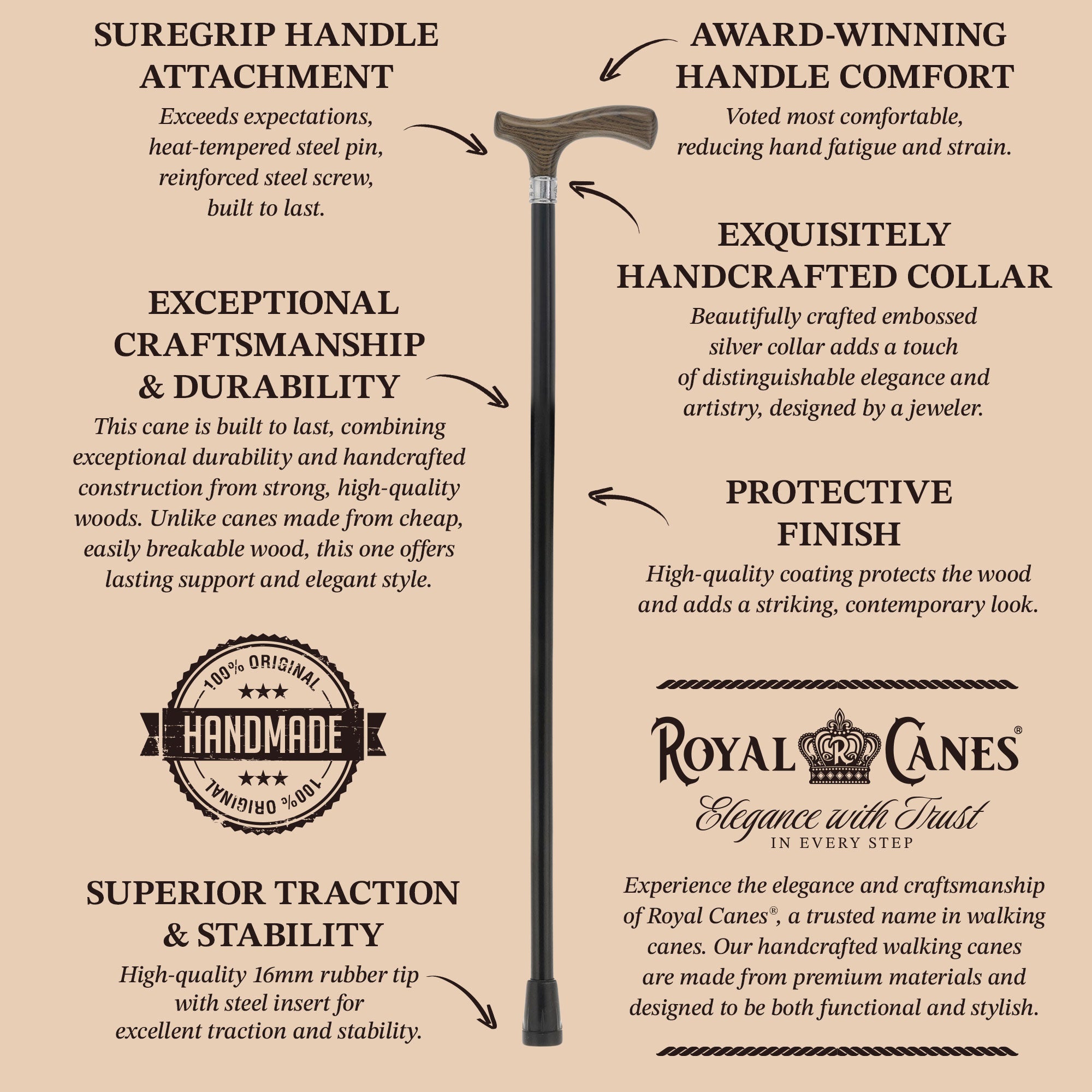 Royal Canes Classic Fritz: Wood-Stained, Pewter Collar (Standard & Slim Profiles)