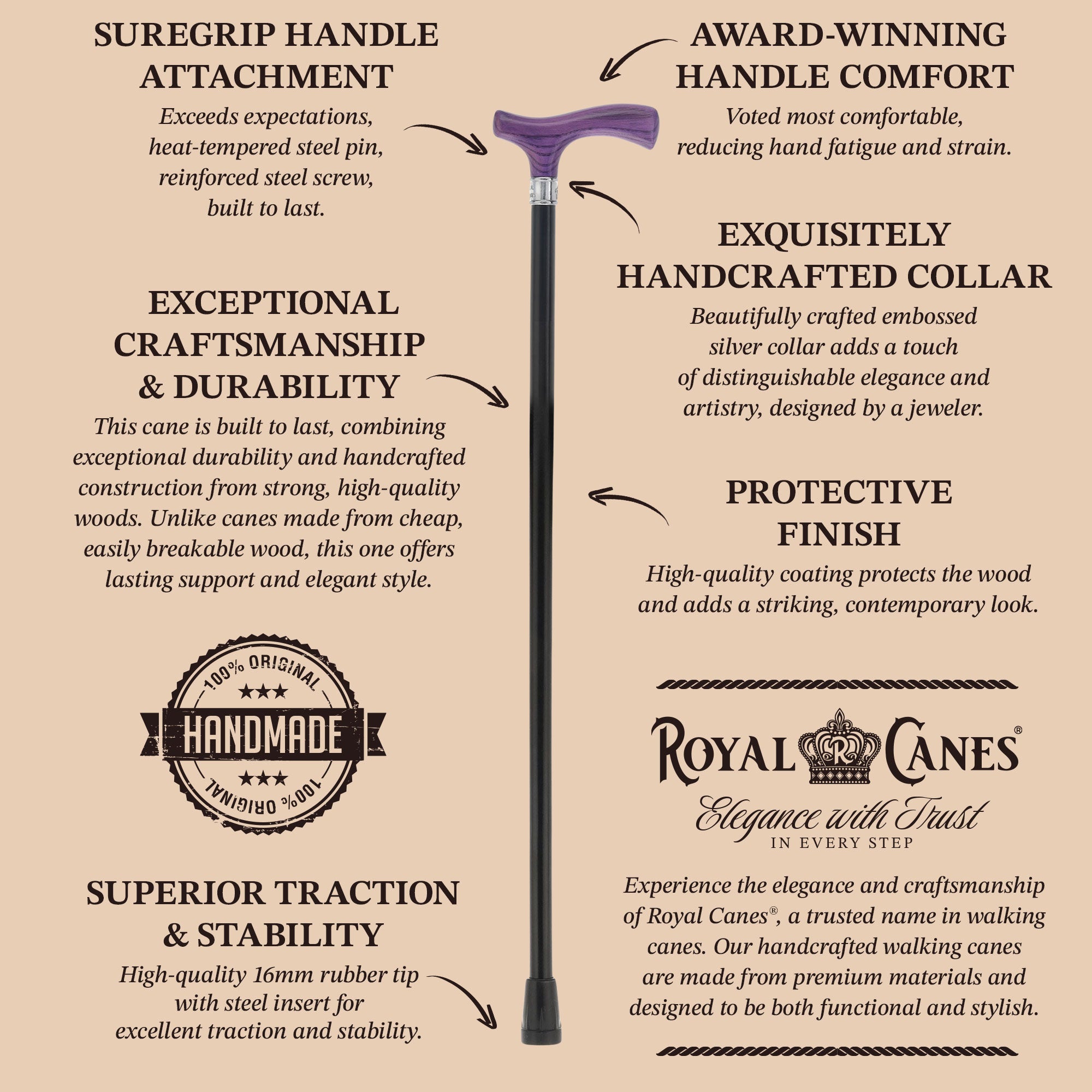 Royal Canes Classic Fritz: Wood-Stained, Pewter Collar (Standard & Slim Profiles)