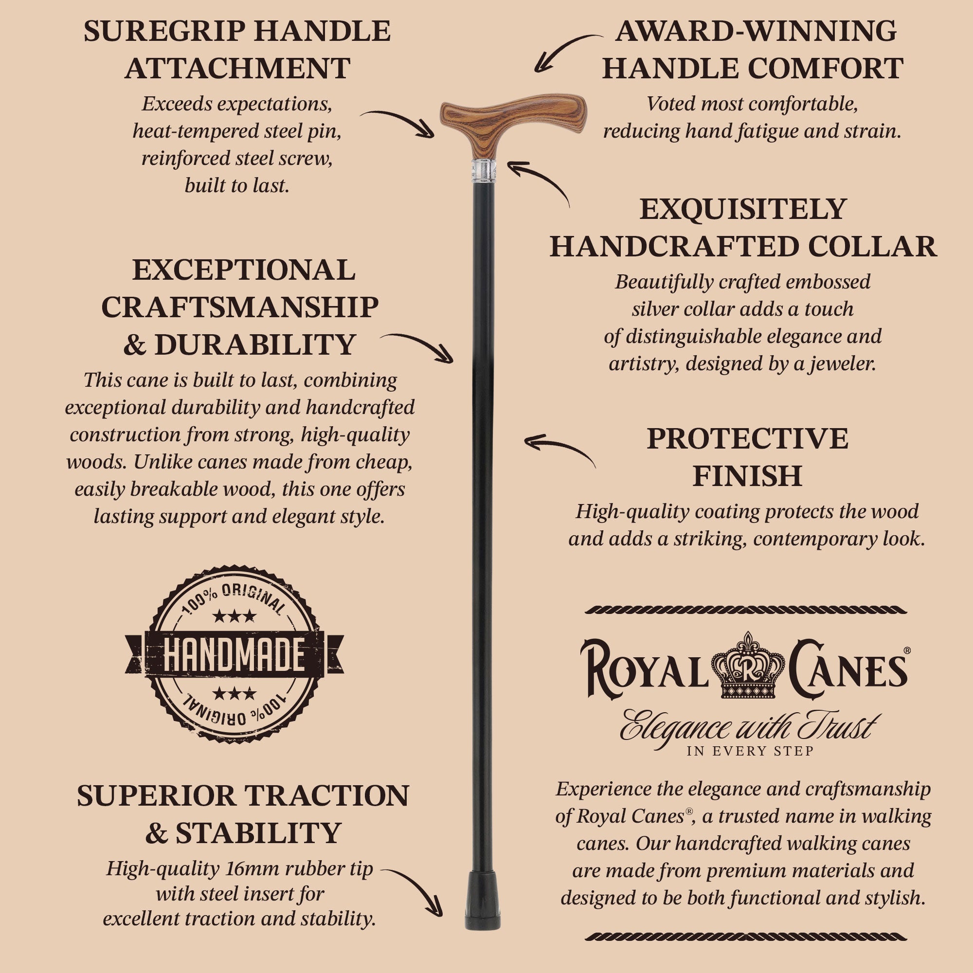 Royal Canes Classic Fritz: Wood-Stained, Pewter Collar (Standard & Slim Profiles)