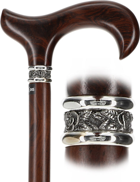 Luxury Derby Cane: Streaking Genuine Cocobolo Wood, Pewter Collar