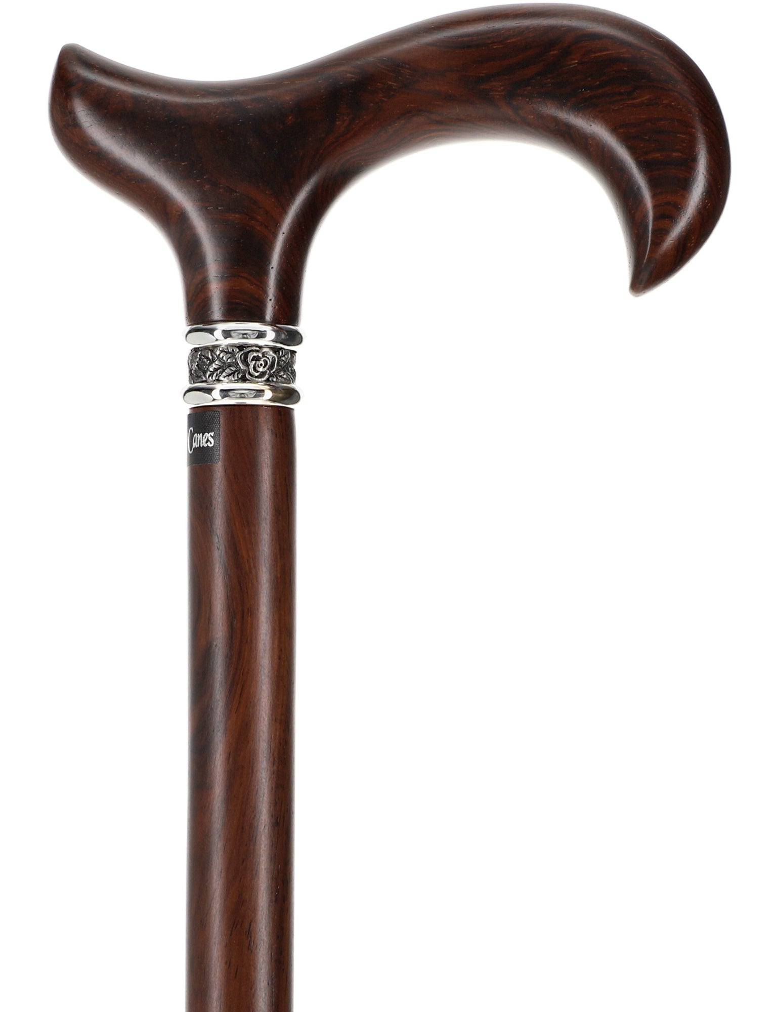 Luxury Derby Cane: Streaking Genuine Cocobolo Wood, Pewter Collar