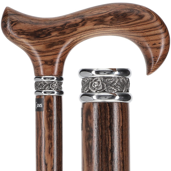 Scratch and Dent Derby Walking Cane With Genuine Bocote Wood Shaft and Pewter Rose Collar V1193