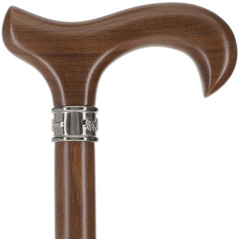 Scratch and Dent Walnut Derby-Handle Walking Cane with Embossed Steel Collar V2298