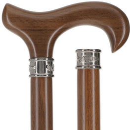 Scratch and Dent Walnut Derby-Handle Walking Cane with Embossed Steel Collar V2298