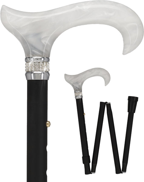 Black and White Pearlz with Rhinestone Collar and Black Designer Adjustable Orthopedic Folding Cane