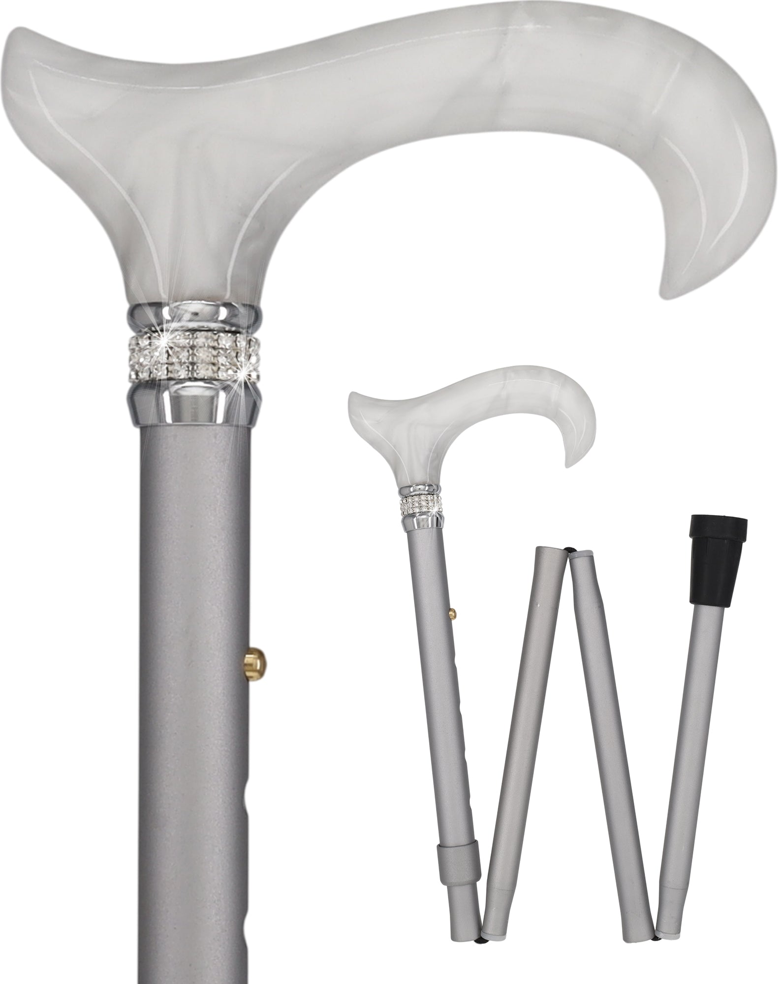 Platinum Pearlz w/Rhinestone collar and Silver shaft Designer Adjustable Orthopedic Folding Cane