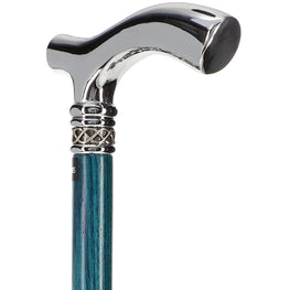 Blue Slim Line Chrome Plated Fritz Walking Cane With Blue Ash Shaft and Pewter Swirl Collar