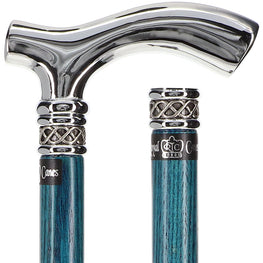 Scratch and Dent Blue Slim Line Chrome Plated Fritz Walking Cane With Blue Ash Shaft and Pewter Swirl Collar V1603