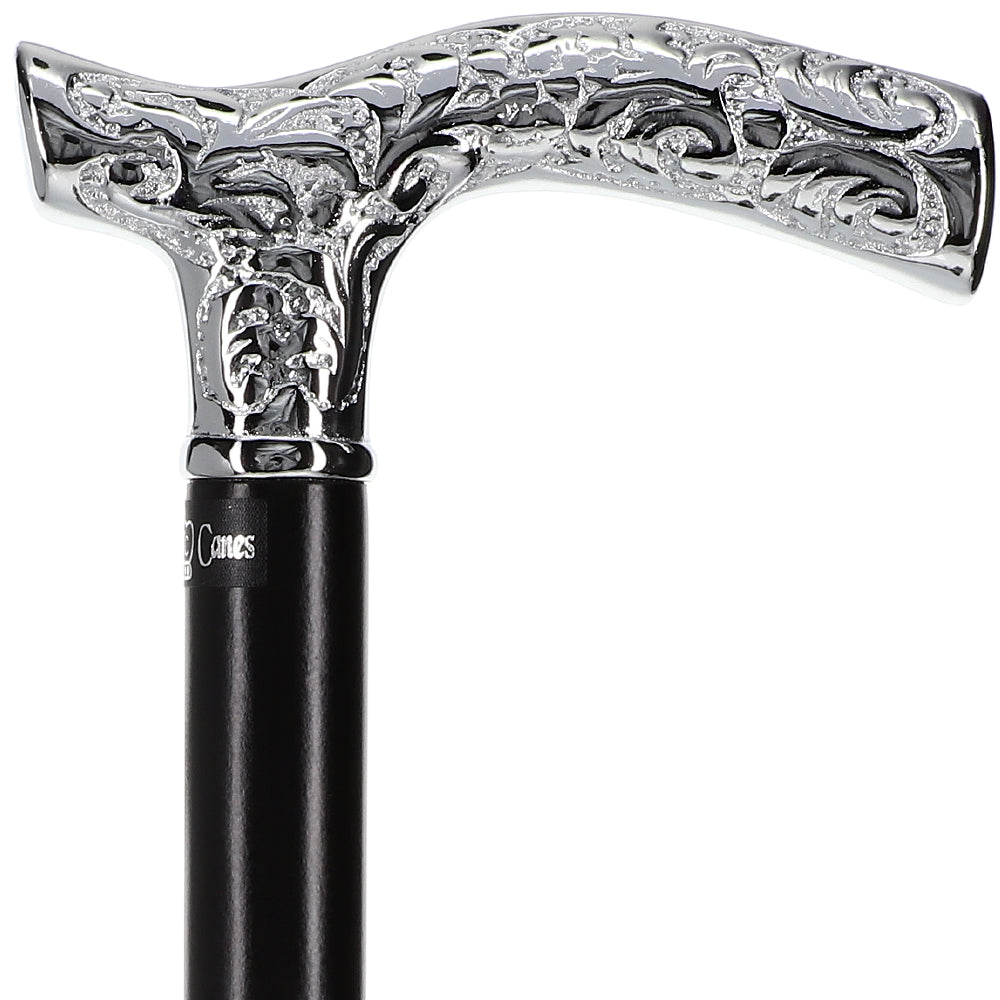 Premium Chrome Brass Scroll Fritz Cane: Black Beechwood