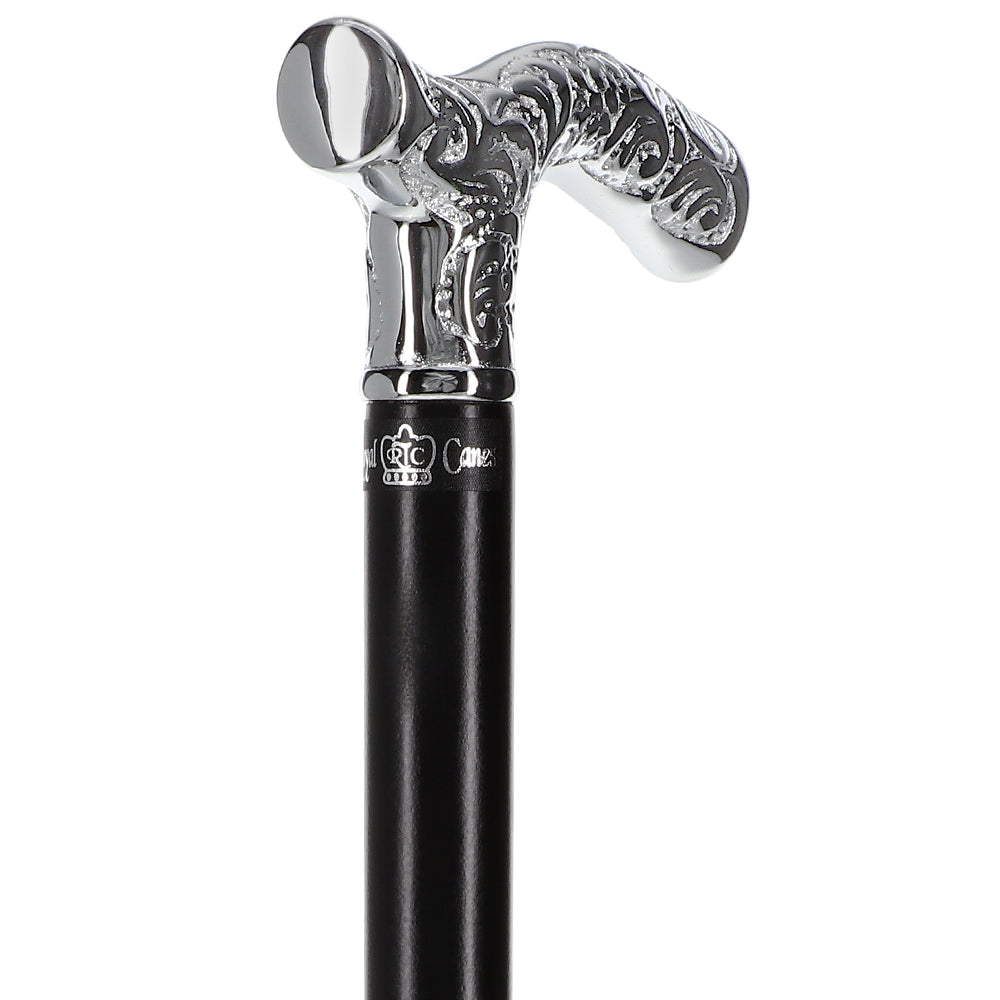 Premium Chrome Brass Scroll Fritz Cane: Black Beechwood