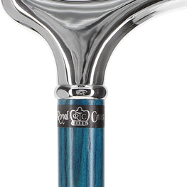 Blue Chrome Plated Derby Walking Cane With Blue Ash Wood Shaft and Silver Collar
