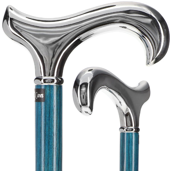 Scratch and Dent Blue Chrome Plated Derby Walking Cane With Blue Ash Wood Shaft and Silver Collar V2278