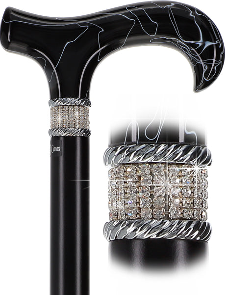 Extra Long Black Designer Cane: Rhinestones, Pearlescent Handle