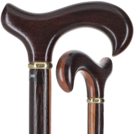 Hand-Made Afromosia Inlaid Derby Walking Cane w/ Wenge Shaft & Gold Collar