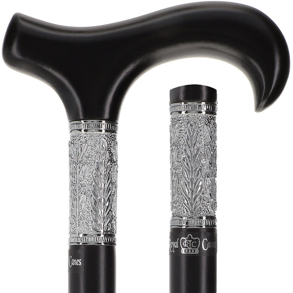 Scratch and Dent Hand-Made Black Beechwood Derby Walking Cane w/ Pewter Leaf Silver Collar V2308