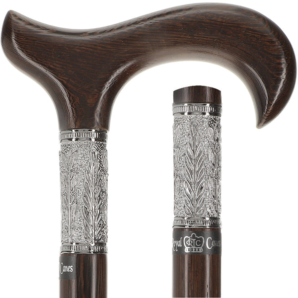 Scratch and Dent Hand-Made Wenge Derby Walking Cane w/ Pewter Leaf Silver Collar V2365