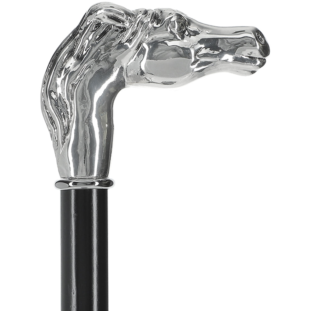 Silver 925r Horse Walking Cane with Black Beechwood Shaft and Collar