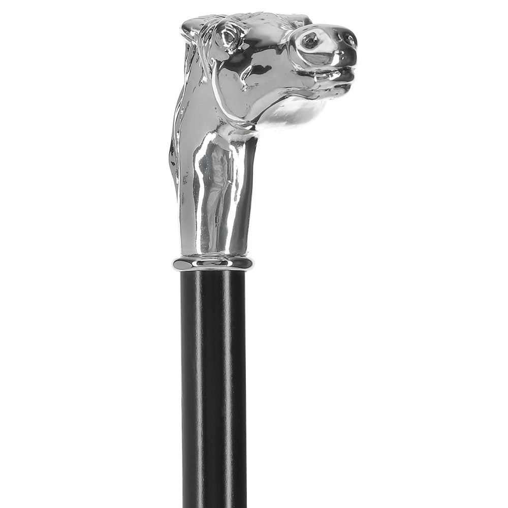 Silver 925r Horse Walking Cane with Black Beechwood Shaft and Collar
