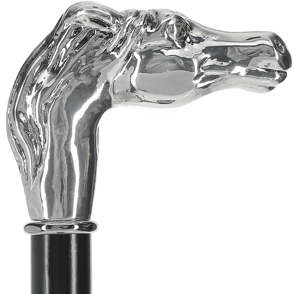 Silver 925r Horse Walking Cane with Black Beechwood Shaft and Collar