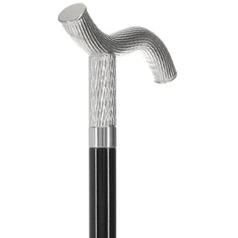 Scratch and Dent Silver 925r Twisted Ribbed Fritz Handle Walking Cane with Black Beechwood Shaft and Collar V2132