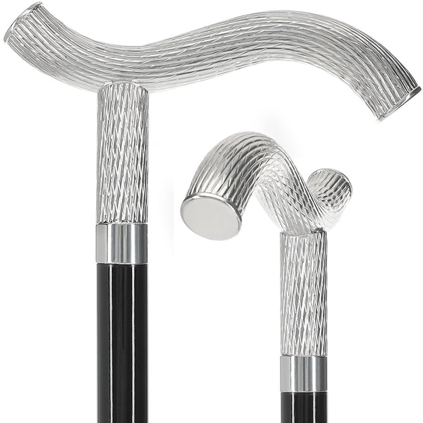 Scratch and Dent Silver 925r Twisted Ribbed Fritz Handle Walking Cane with Black Beechwood Shaft and Collar V2132