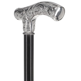 Silver 925r Embossed Fritz Handle Walking Cane with Black Beechwood Shaft and Collar