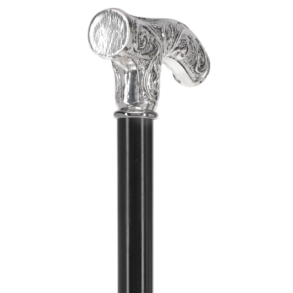 Vintage embossed silver metal handle black lacquered walking cane