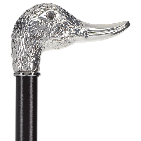 Scratch and Dent Silver 925r Duck Head Walking Cane with Black Beechwood Shaft and Collar V2288