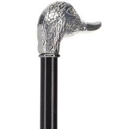 Scratch and Dent Silver 925r Duck Head Walking Cane with Black Beechwood Shaft and Collar V2288