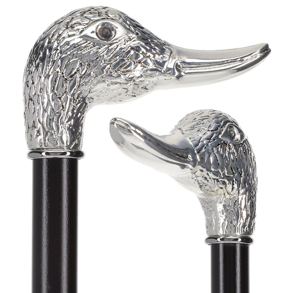 Scratch and Dent Silver 925r Duck Head Walking Cane with Black Beechwood Shaft and Collar V2288