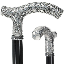 Scratch and Dent Downton Abbey Inspired - Silver 925r Petite Embossed Fritz Handle Walking Cane V2020