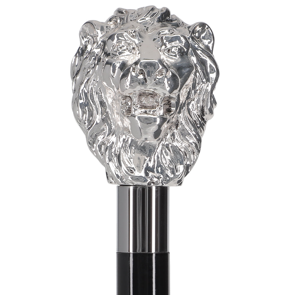 Italian Luxury: Majestic Lion Head Walking Stick, 925r Silver