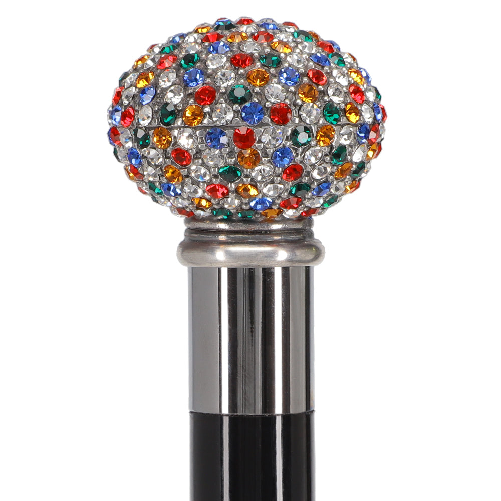 Multi-Colored Swarovski Crystal Encrusted Small Knob Walking Stick with Black Beachwood Shaft