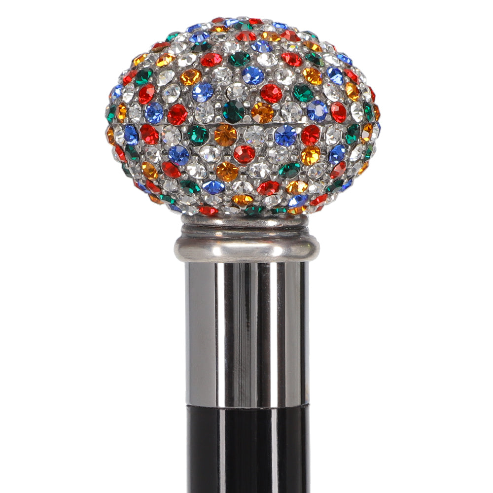 Black Beachwood Shaft Multi-Colored Swarovski Crystal Encrusted Small Knob  Walking Stick