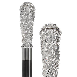 Scratch and Dent Silver 925r Swarovski Crystal Encrusted Elongated Knob Walking Stick with Black Beechwood Shaft V2312