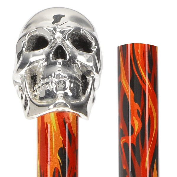 Scratch and Dent Silver 925r Skull Walking Stick with Black Flame detailed Shaft V2067