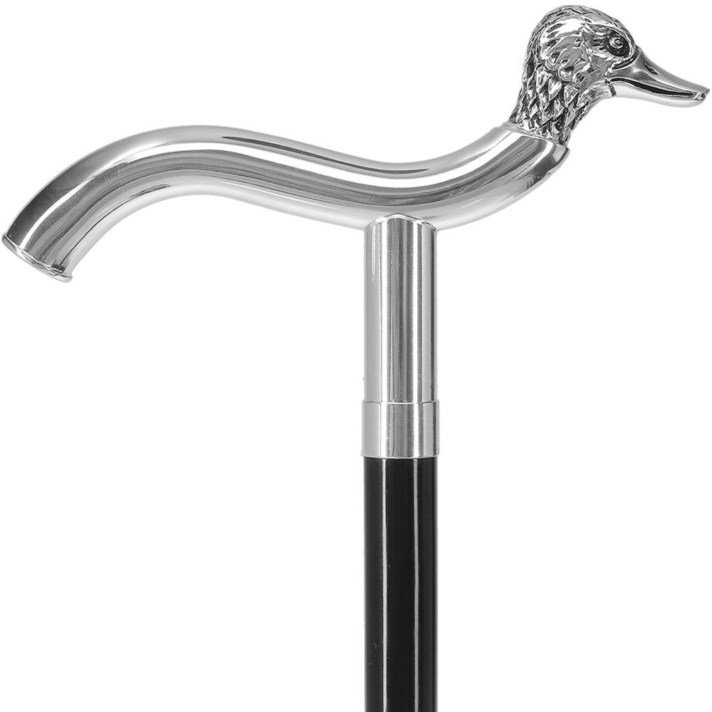 Scratch and Dent Silver 925r Duck Head Fritz Handle Walking Cane with Black Beechwood Shaft and Collar V2128