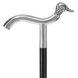 Scratch and Dent Silver 925r Duck Head Fritz Handle Walking Cane with Black Beechwood Shaft and Collar V2128