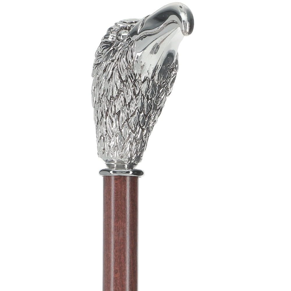 Silver 925r Hawk Head Walking Cane with Stained Beechwood Shaft and Collar