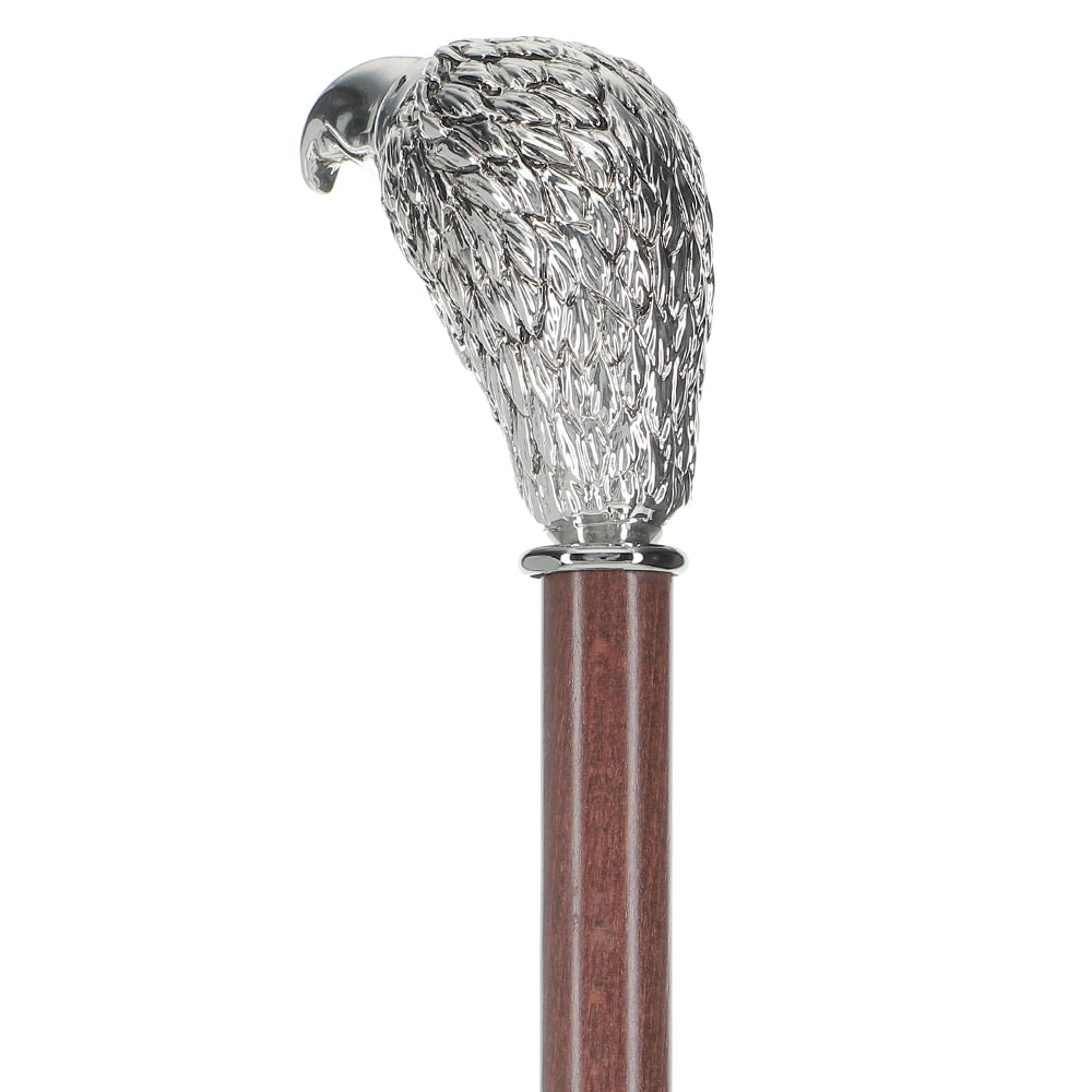 Silver 925r Hawk Head Walking Cane with Stained Beechwood Shaft and Collar