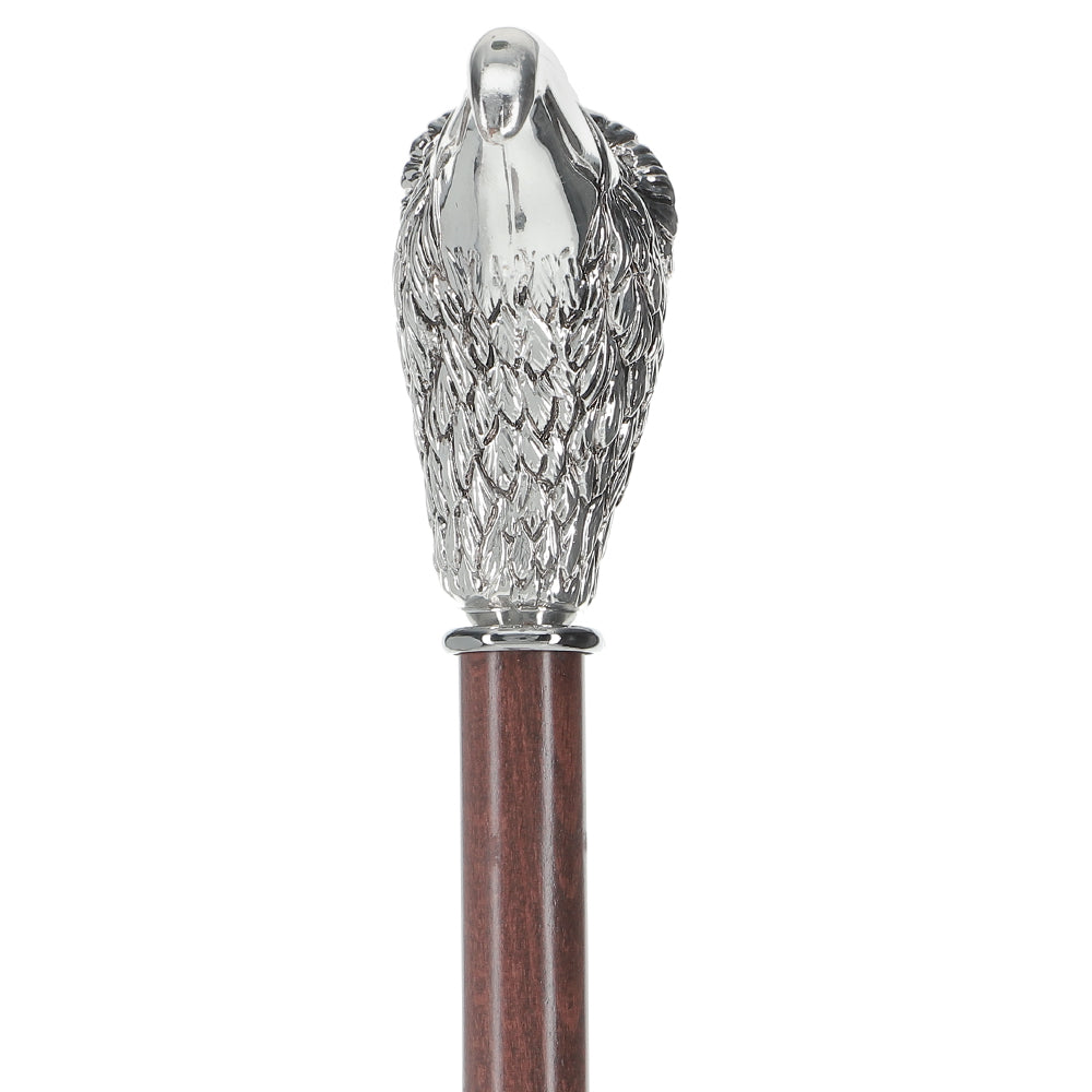 Silver 925r Hawk Head Walking Cane with Stained Beechwood Shaft and Collar