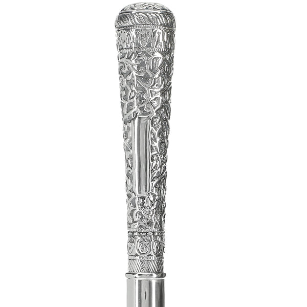 Silver 925r Vine Covered Elongated Knob Walking Stick with Black