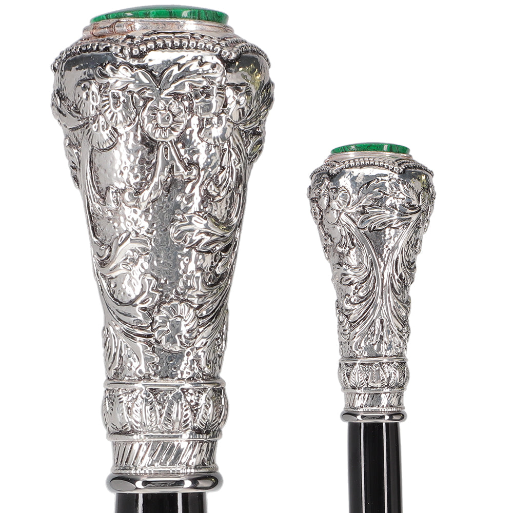 Silver 925r Knob Handle Walking Cane w/ Black Beechwood Shaft and Green Stone Pillbox