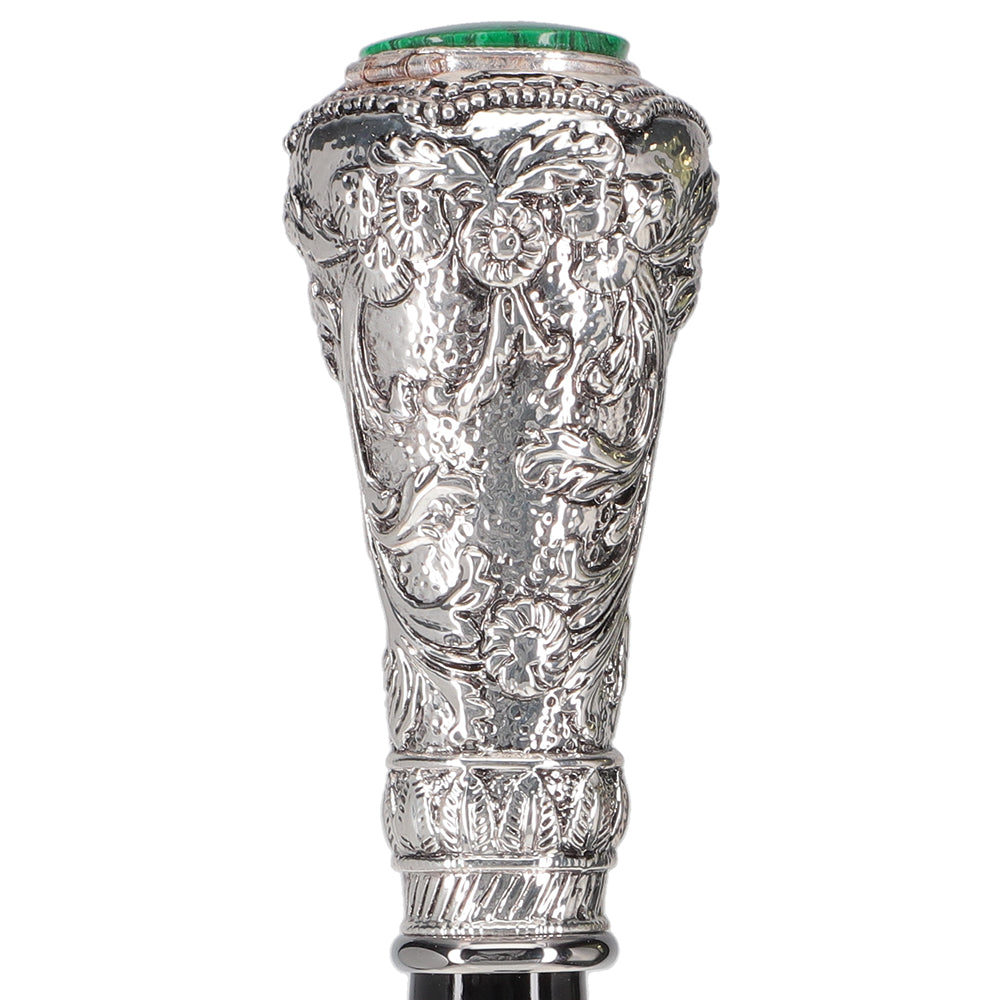 Silver 925r Knob Handle Walking Cane w/ Black Beechwood Shaft and Green Stone Pillbox