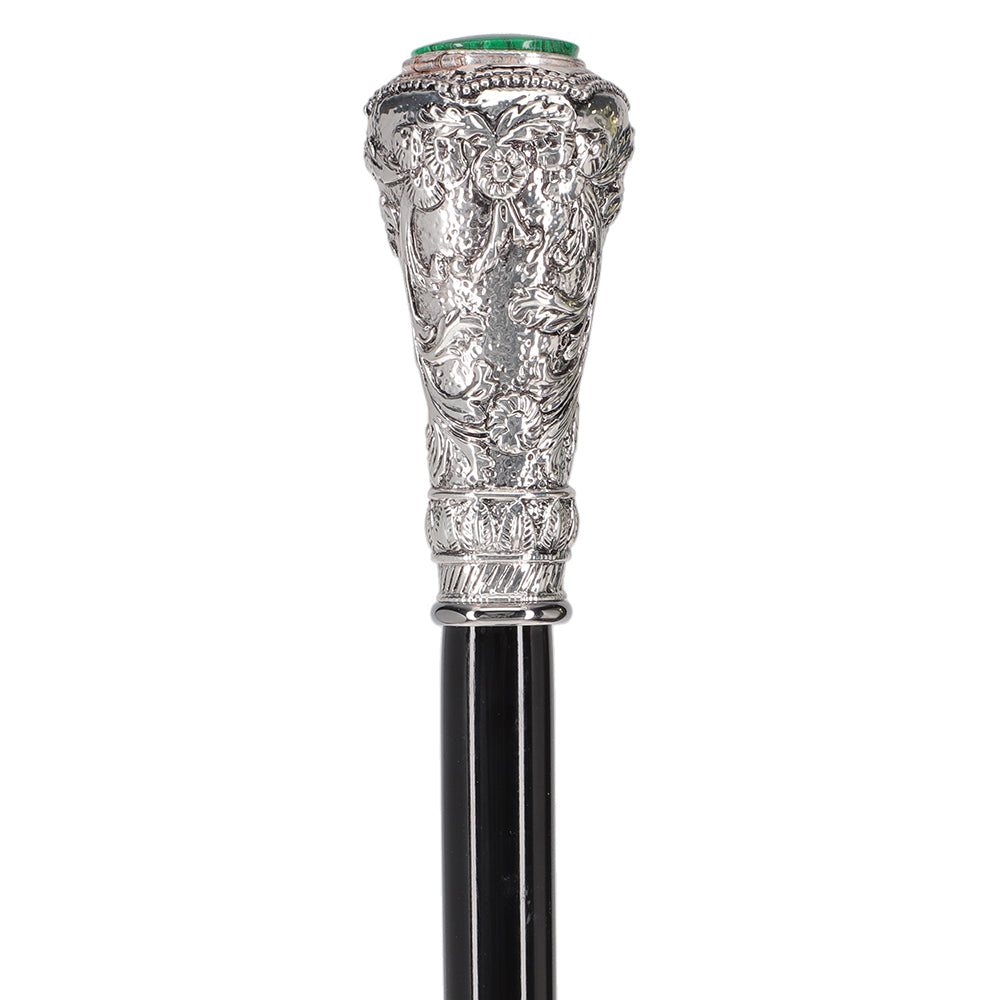 Silver 925r Knob Handle Walking Cane w/ Black Beechwood Shaft and Green Stone Pillbox